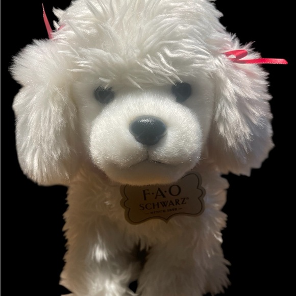FAO Schwarz White Plush Poodle Dog Stuffed Animal with Red Bows – 10” Toy - Picture 2 of 8